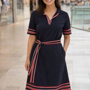 Enfocus Studio Navy Midi Polo Dress with Red & White Stripe Trim